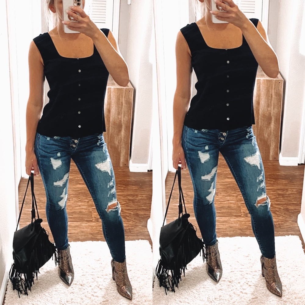 Vintage 80’s J.A.C faux button black Tank Top size Large